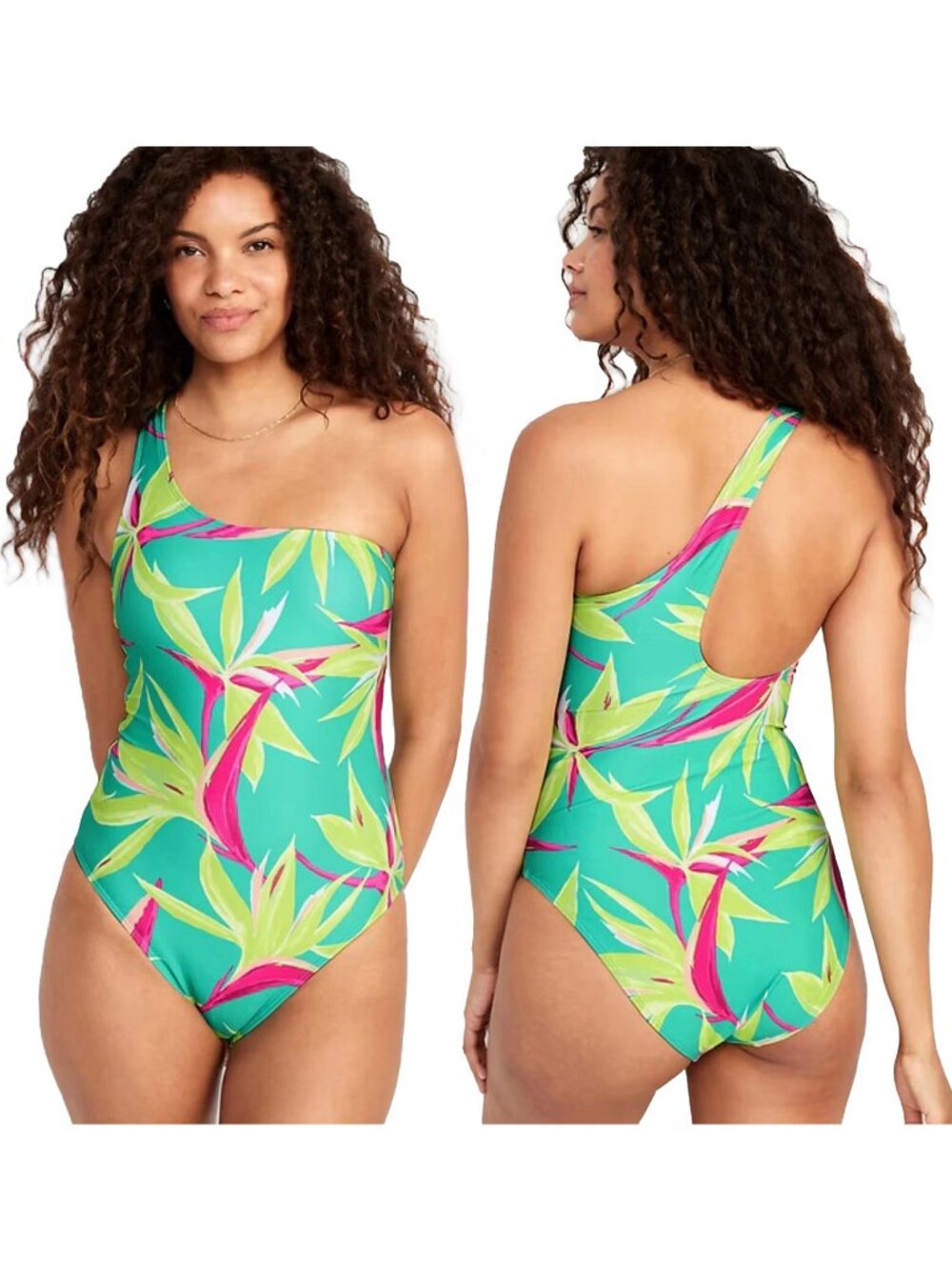 Old Navy Swimsuit Womens Sz L Tropic Days Printed One-Shoulder One Piece MSRP$45